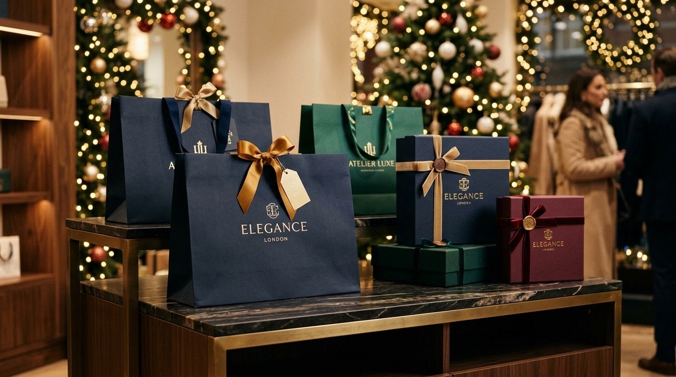 Sacolas e embalagens de presentes de Natal no varejo de luxo